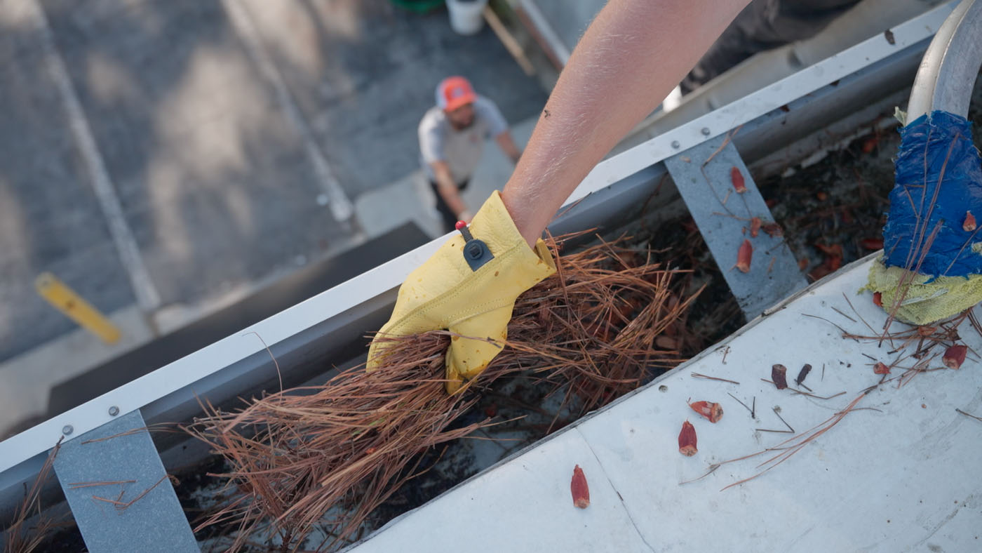 A close up of a Window Ninjas team member's hand as they clean a gutter. 